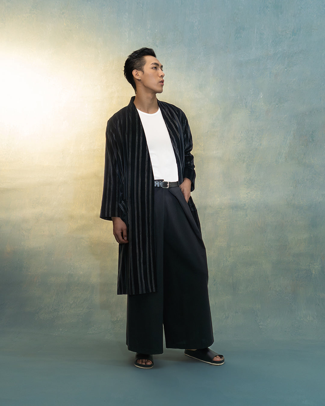 Kimono robe in black stripes velvet