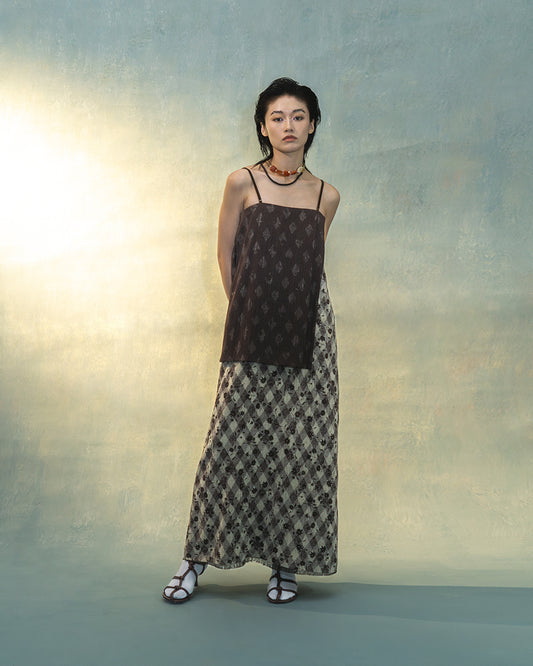 Tube dress in brown floral furniture fabric