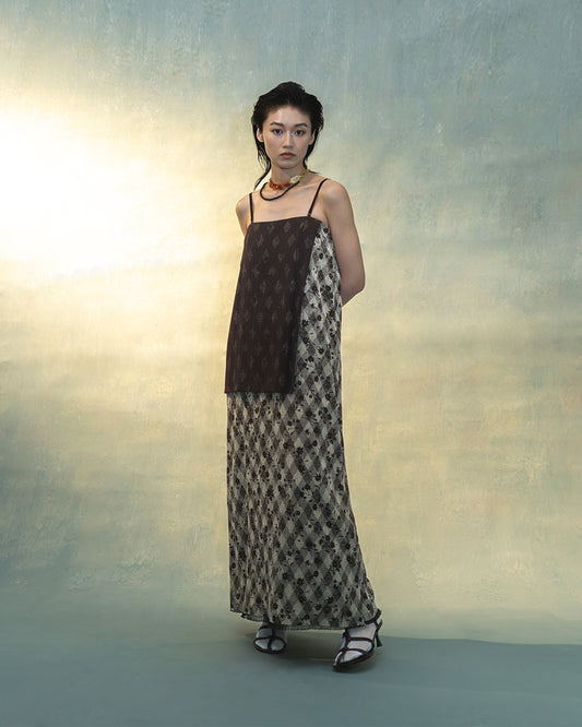 Tube dress in brown floral furniture fabric