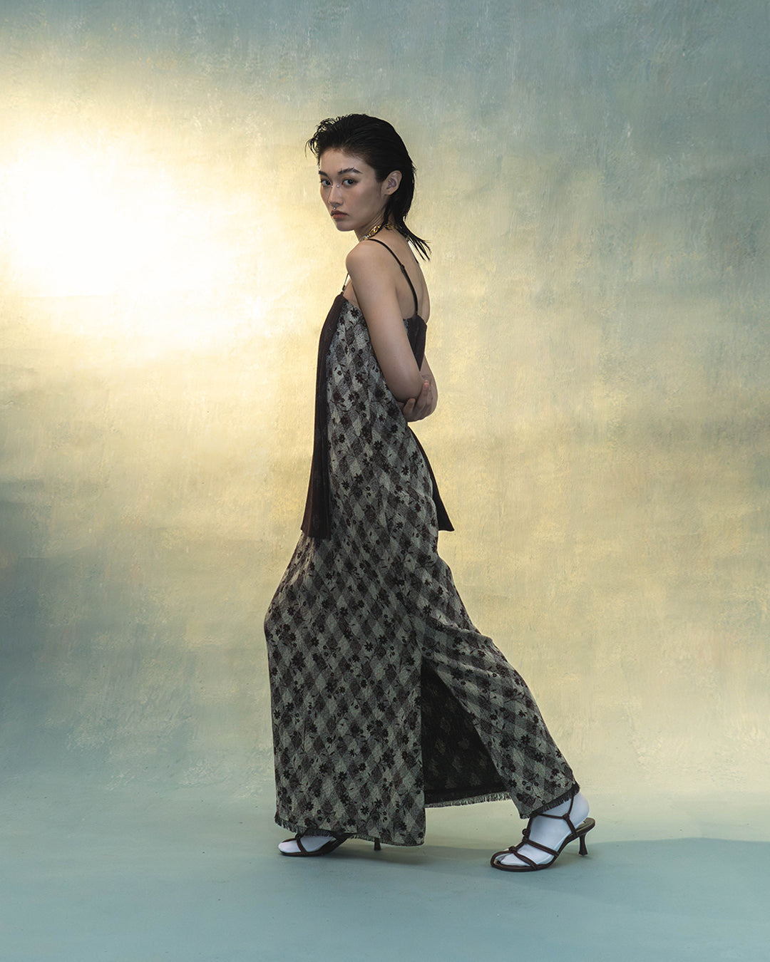 Tube dress in brown floral furniture fabric