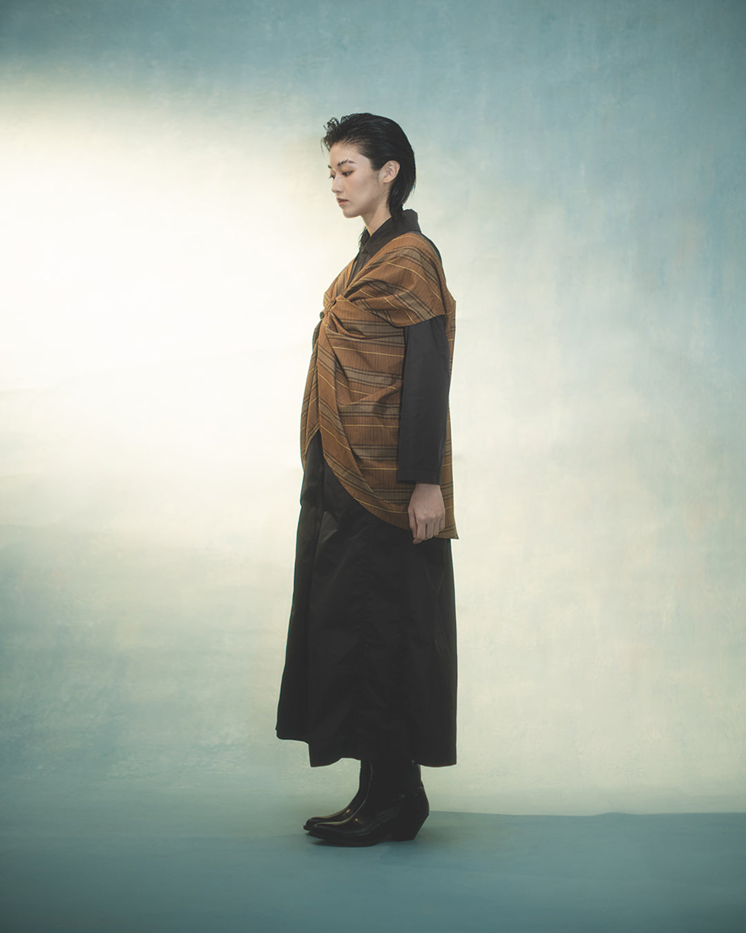 Cross drapery top in brown striped