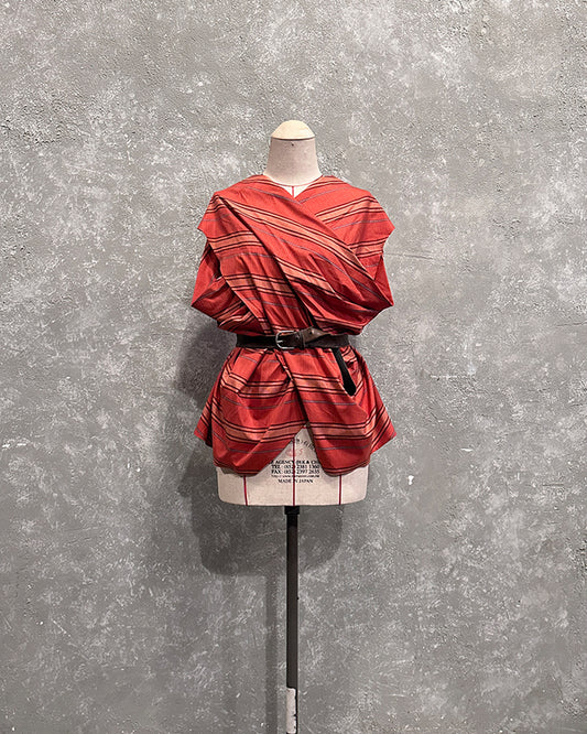 Cross drapery top in red cotton silk striped