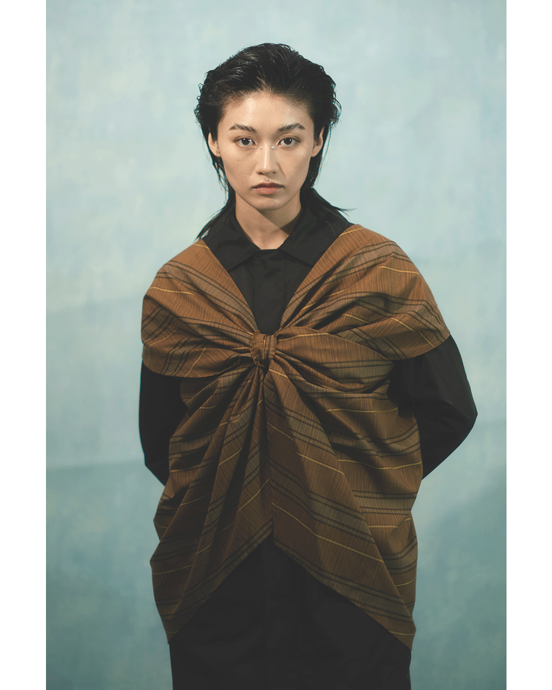 Cross drapery top in brown striped