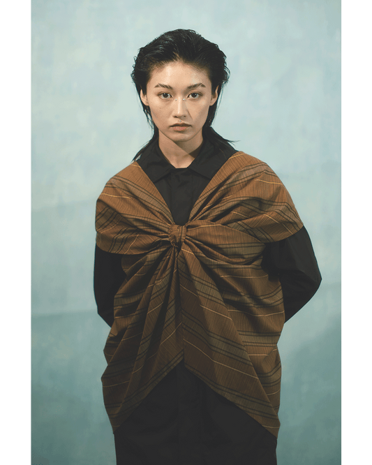Cross drapery top in brown striped