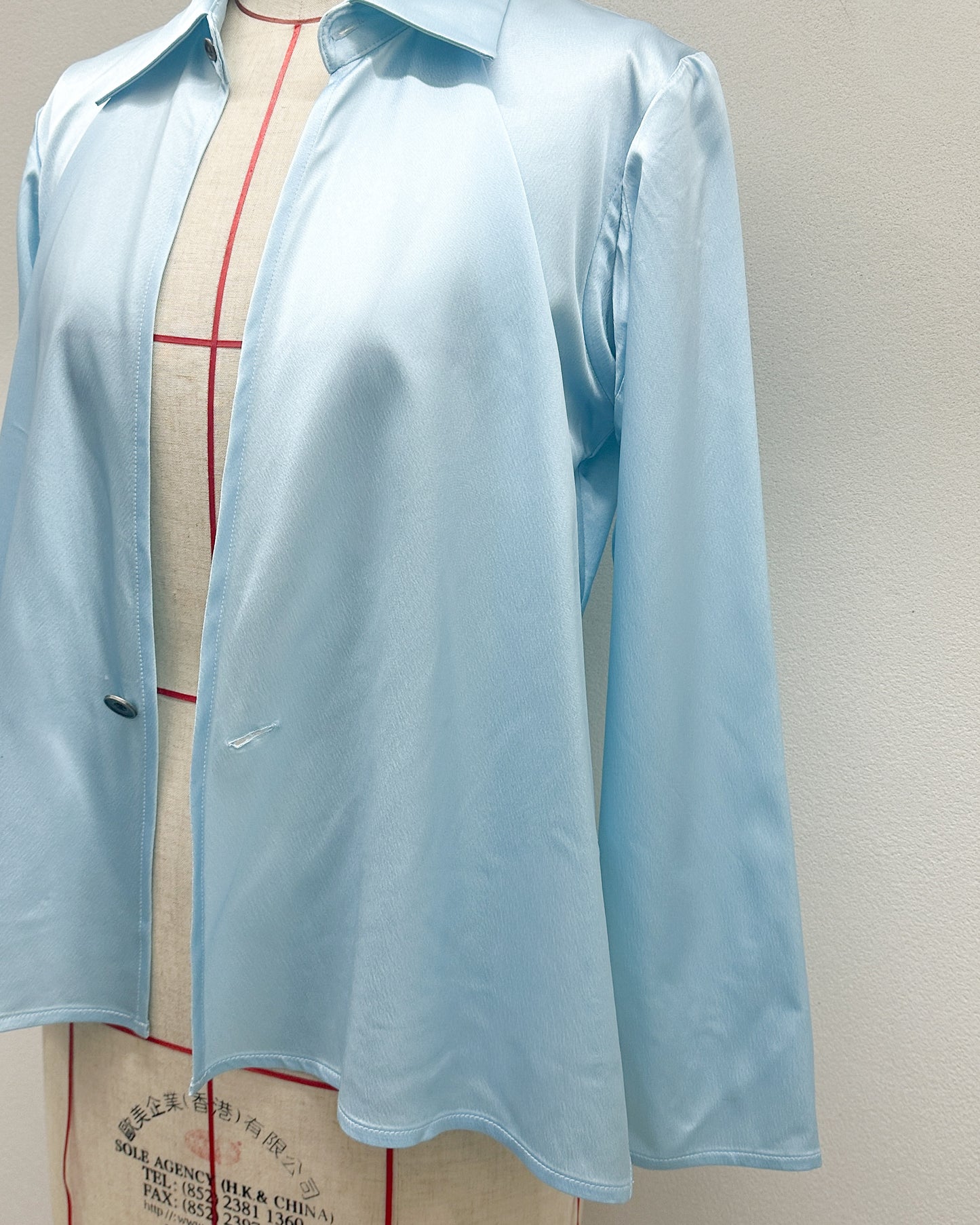 Cross button up shirt in baby blue satin