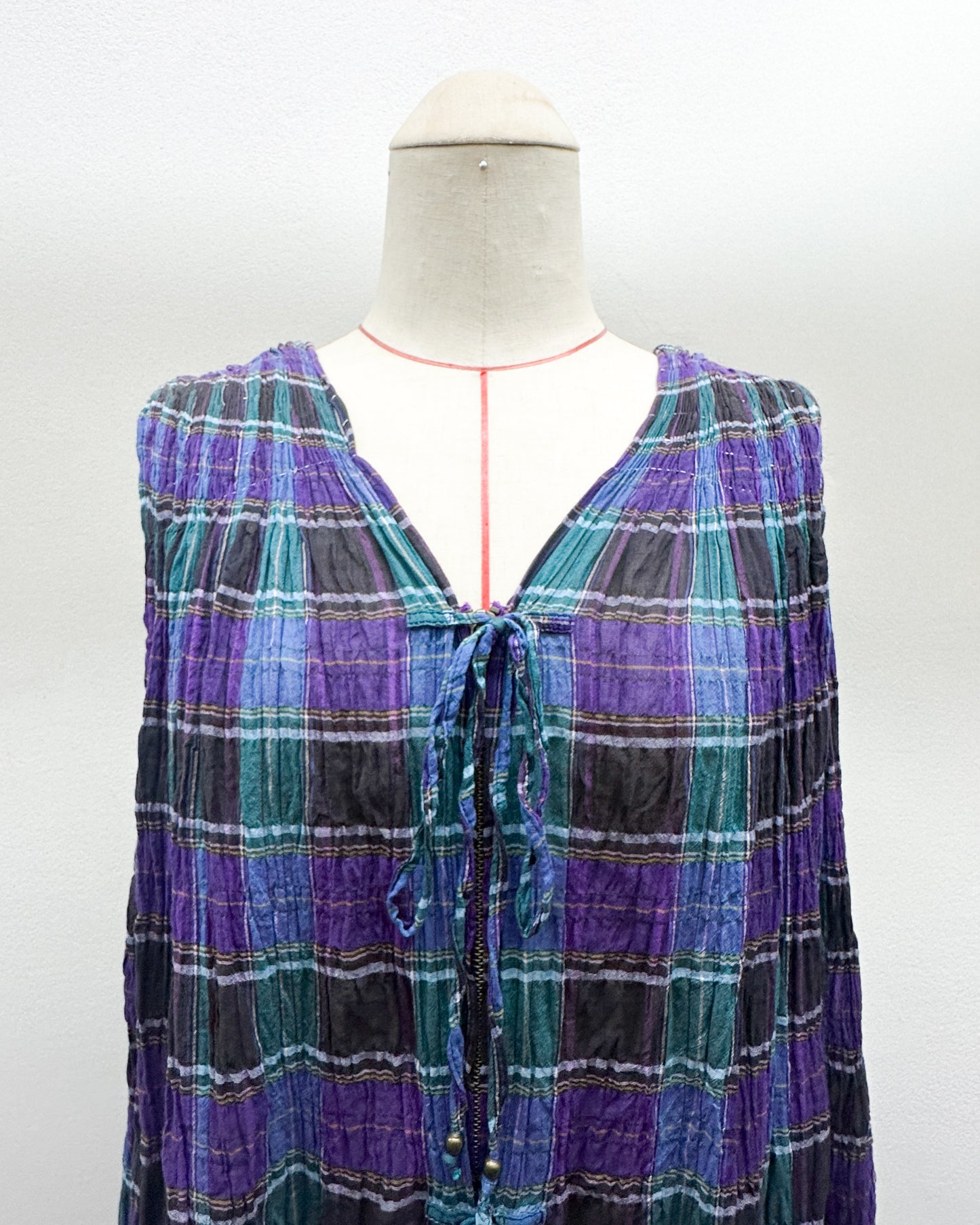 Hand pleated Guàn tóu yī in purple check cotton (LAST ONE)