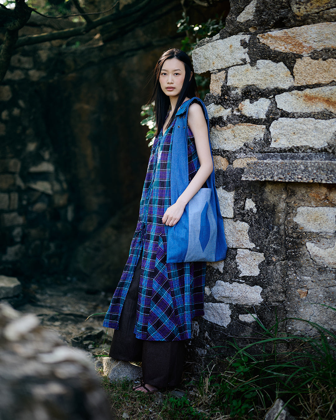 Hand pleated Guàn tóu yī in purple check cotton