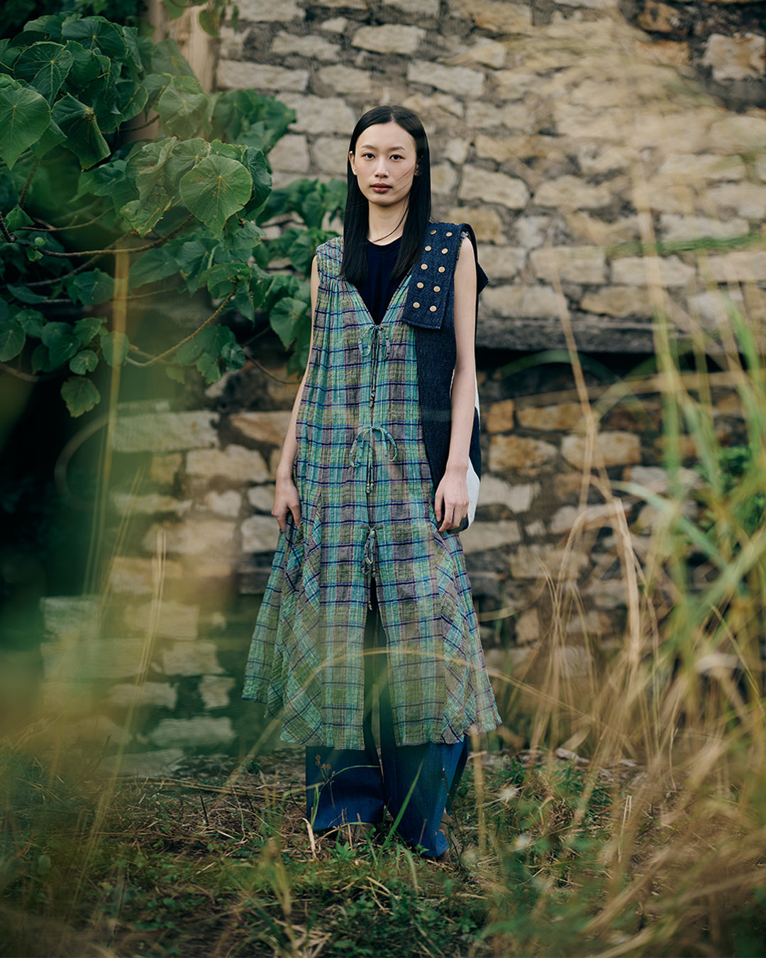 Hand pleated Guàn tóu yī in green check cotton