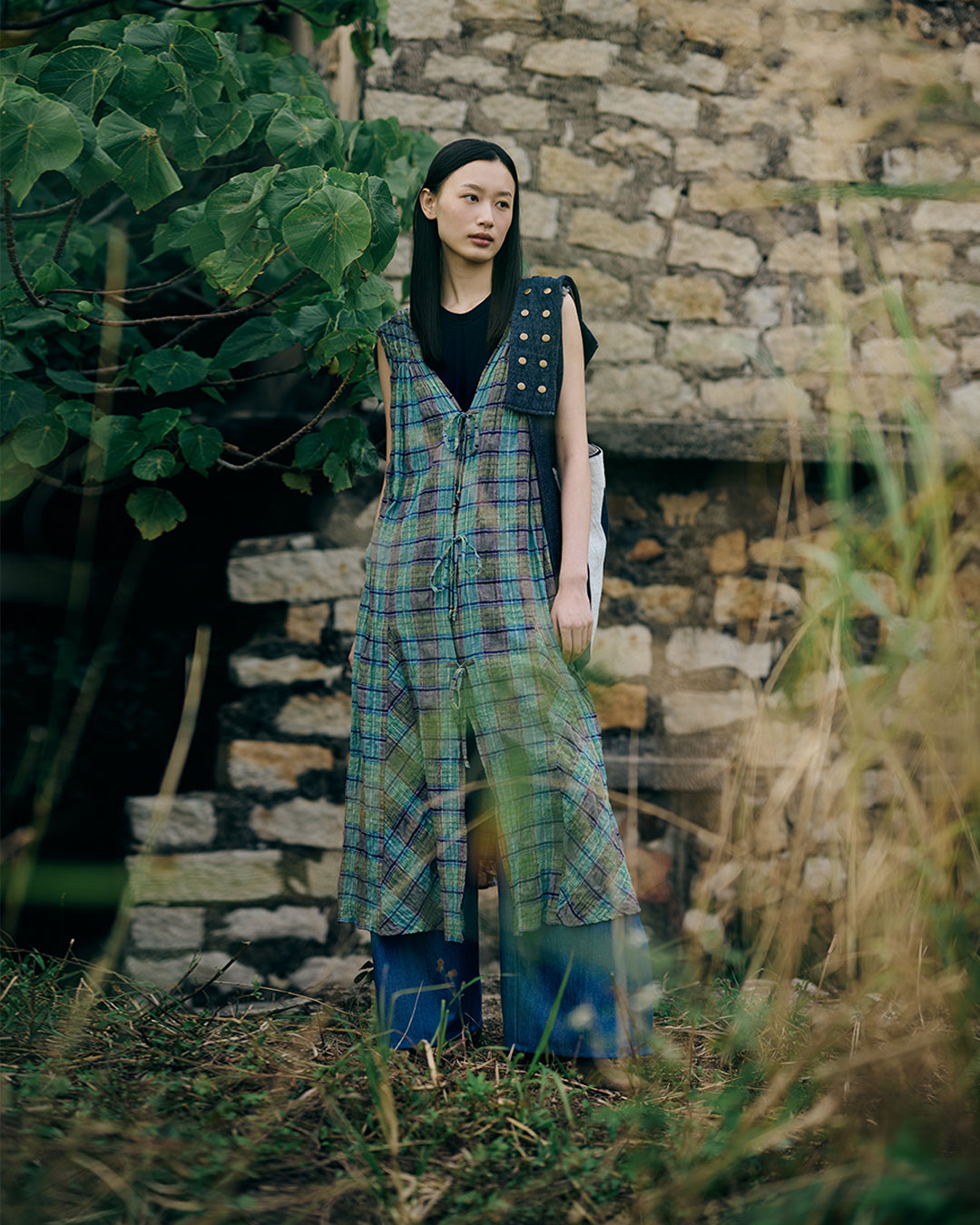 Hand pleated Guàn tóu yī in green check cotton