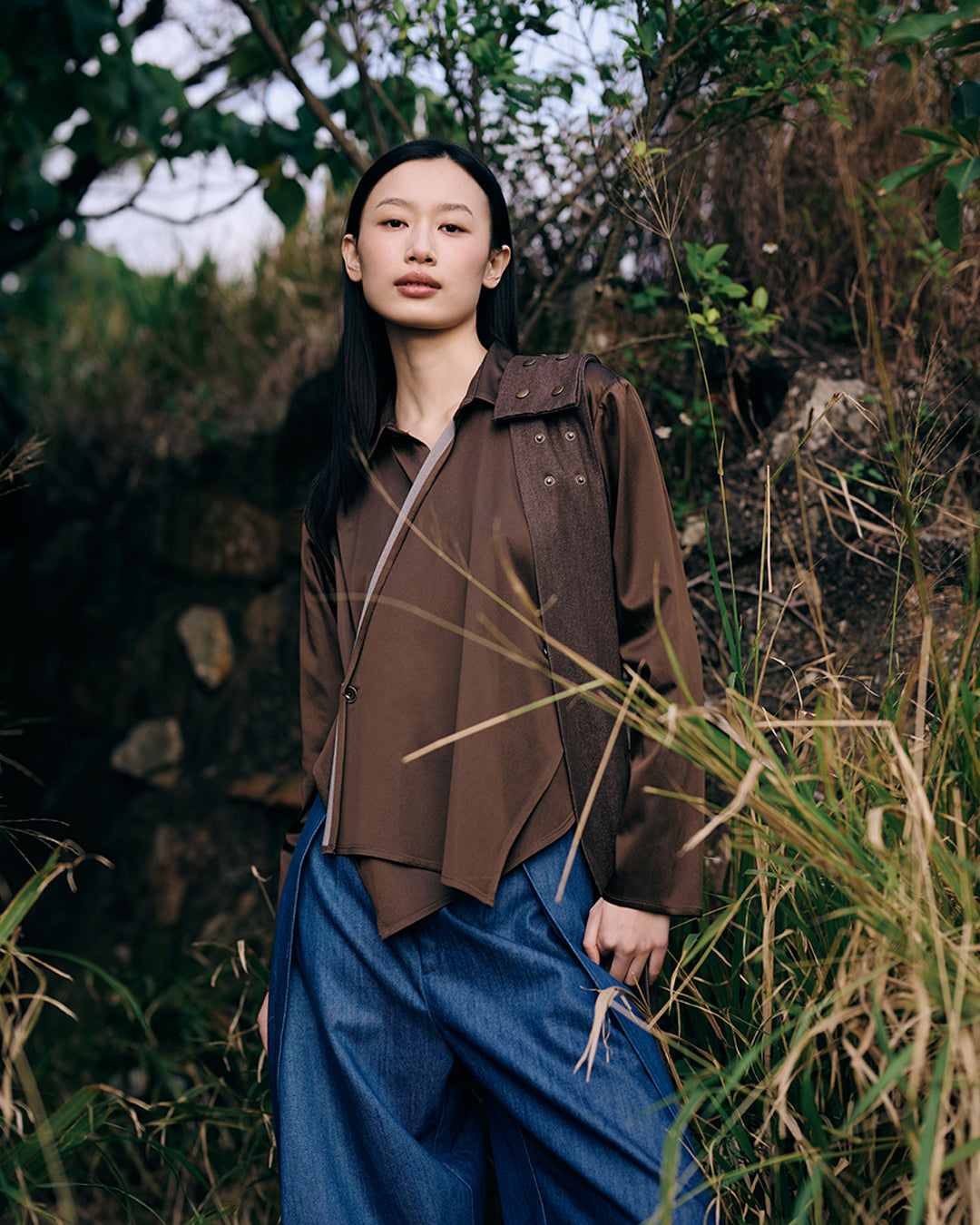 Cross button up shirt in brown satin