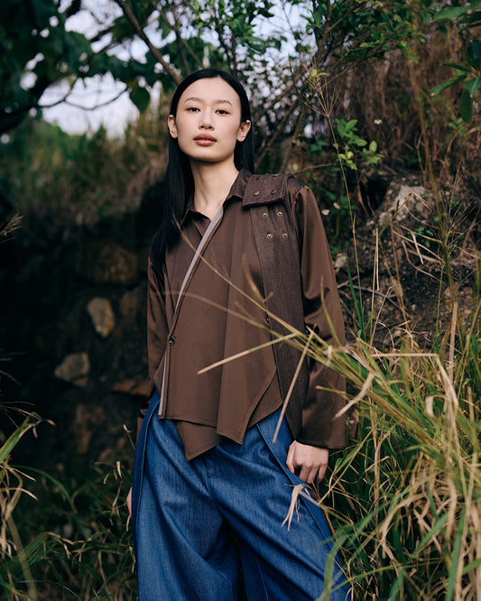 Cross button up shirt in brown satin