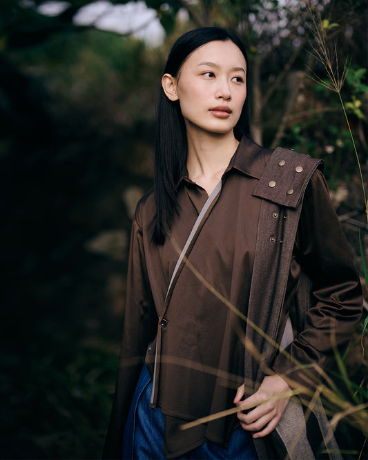 Cross button up shirt in brown satin
