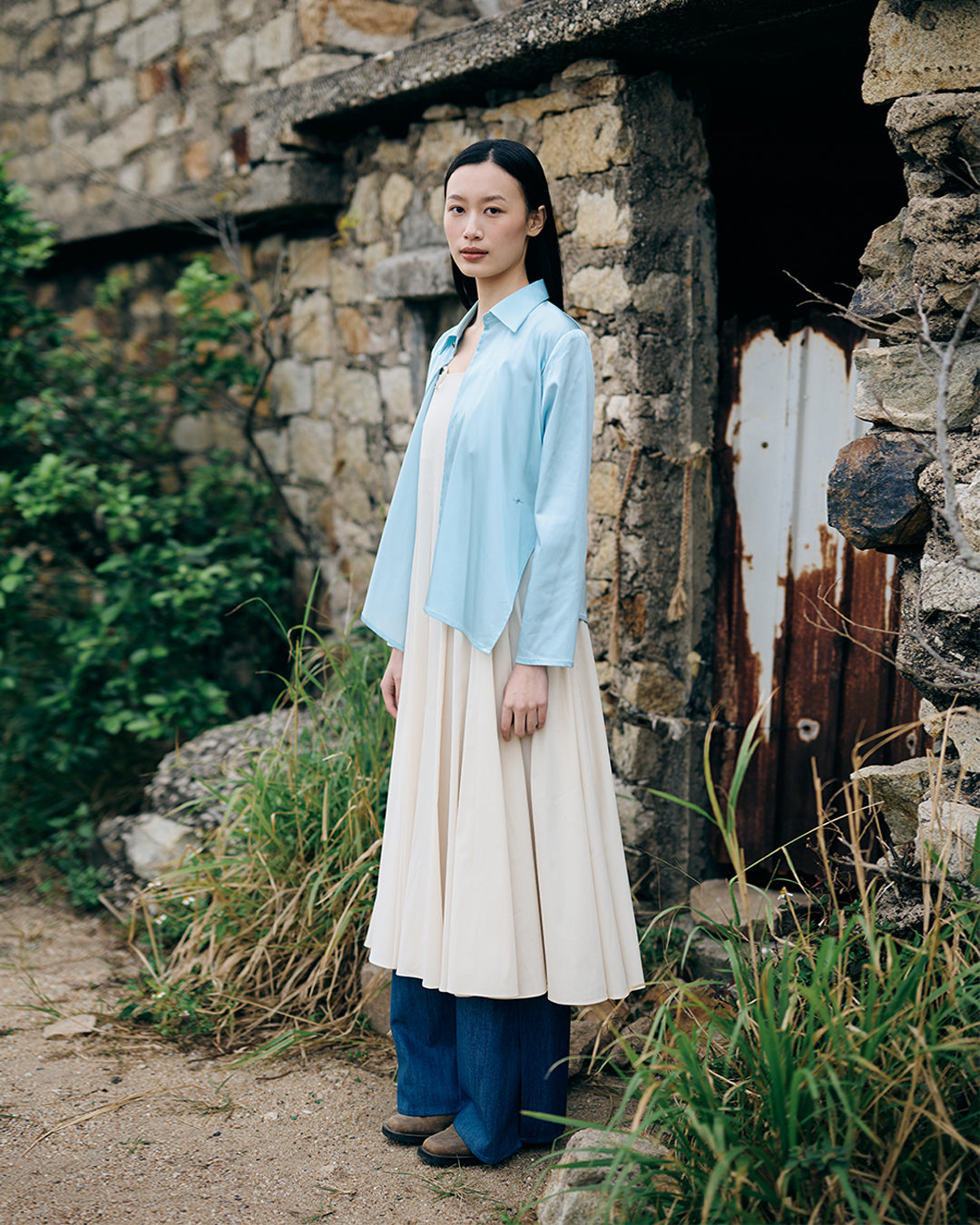 Cross button up shirt in baby blue satin
