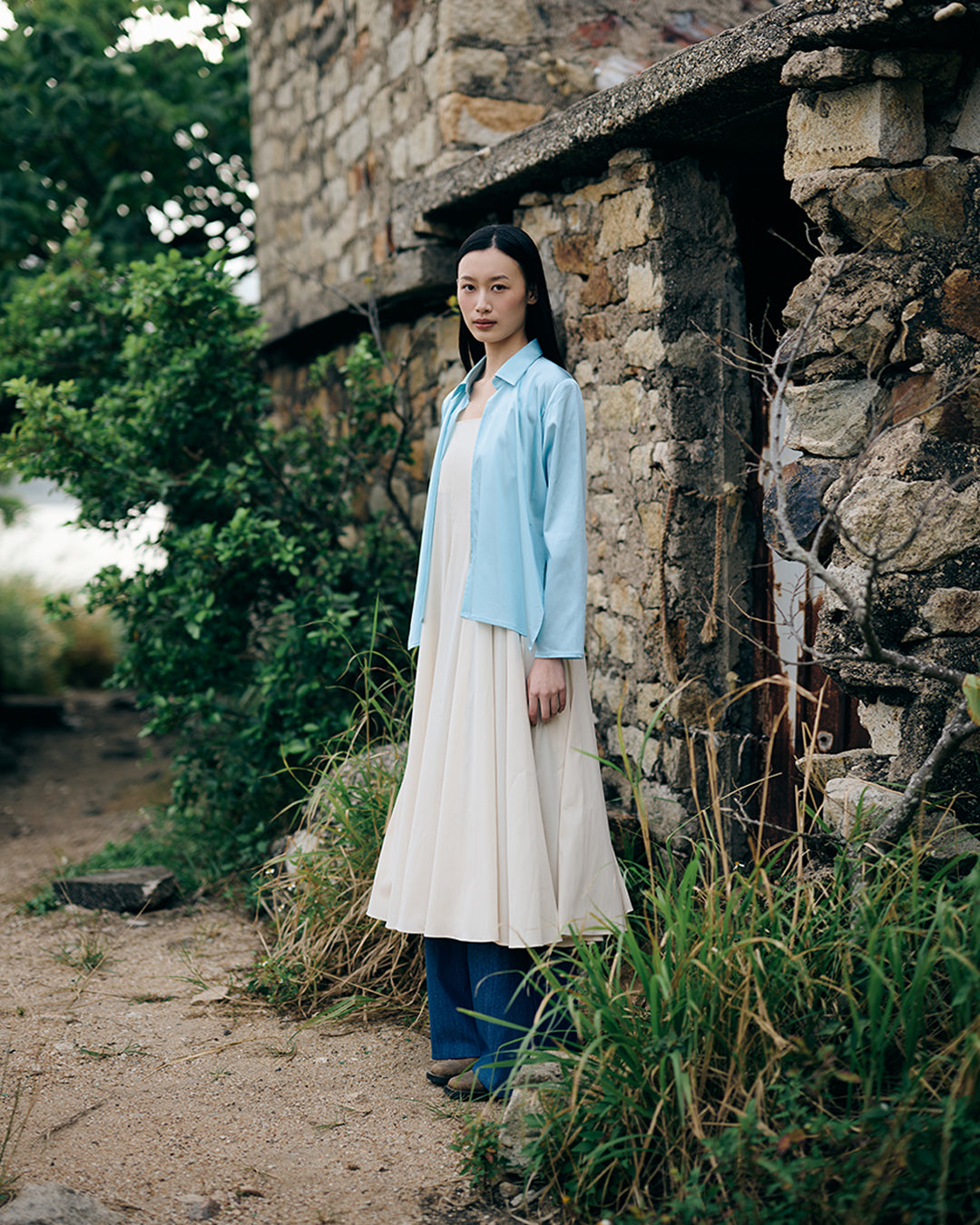 Cross button up shirt in baby blue satin