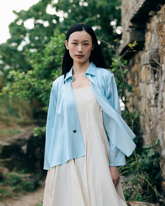 Cross button up shirt in baby blue satin