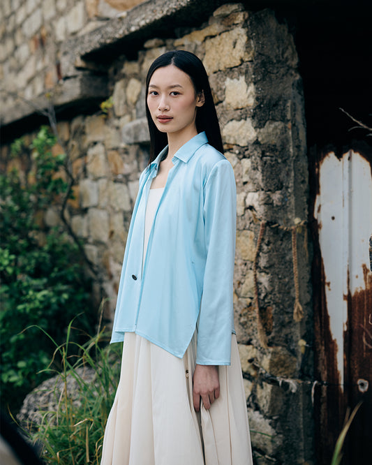 Cross button up shirt in baby blue satin