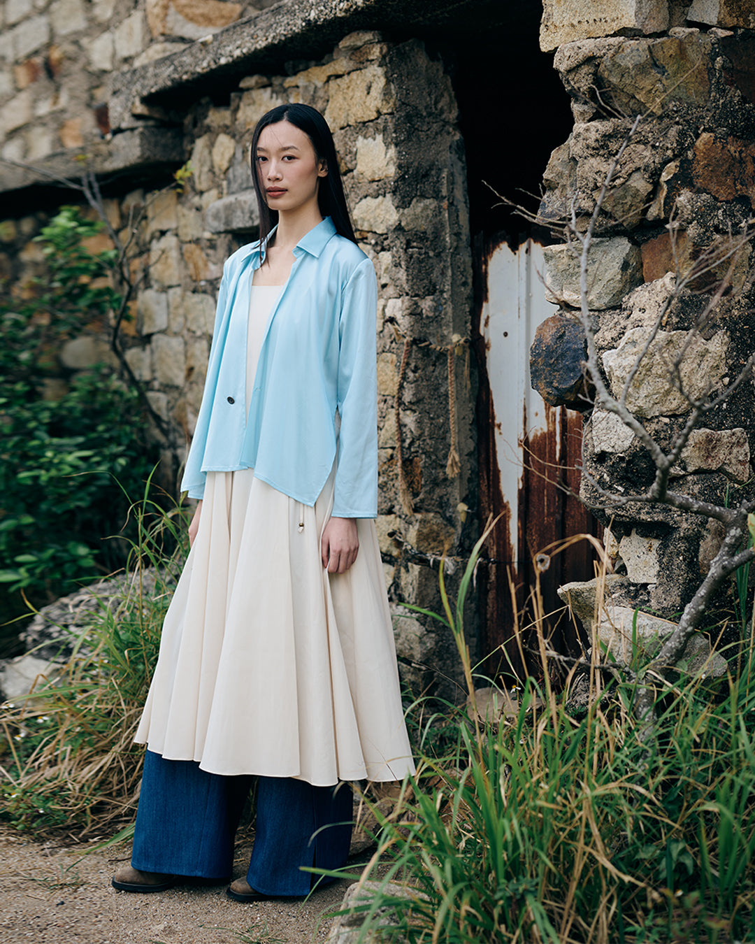 Cross button up shirt in baby blue satin