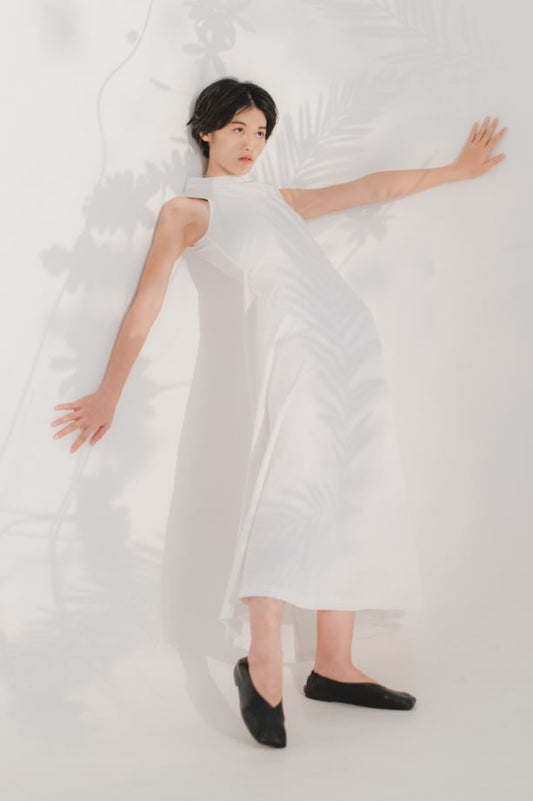 Stand collar long dress in white shirting