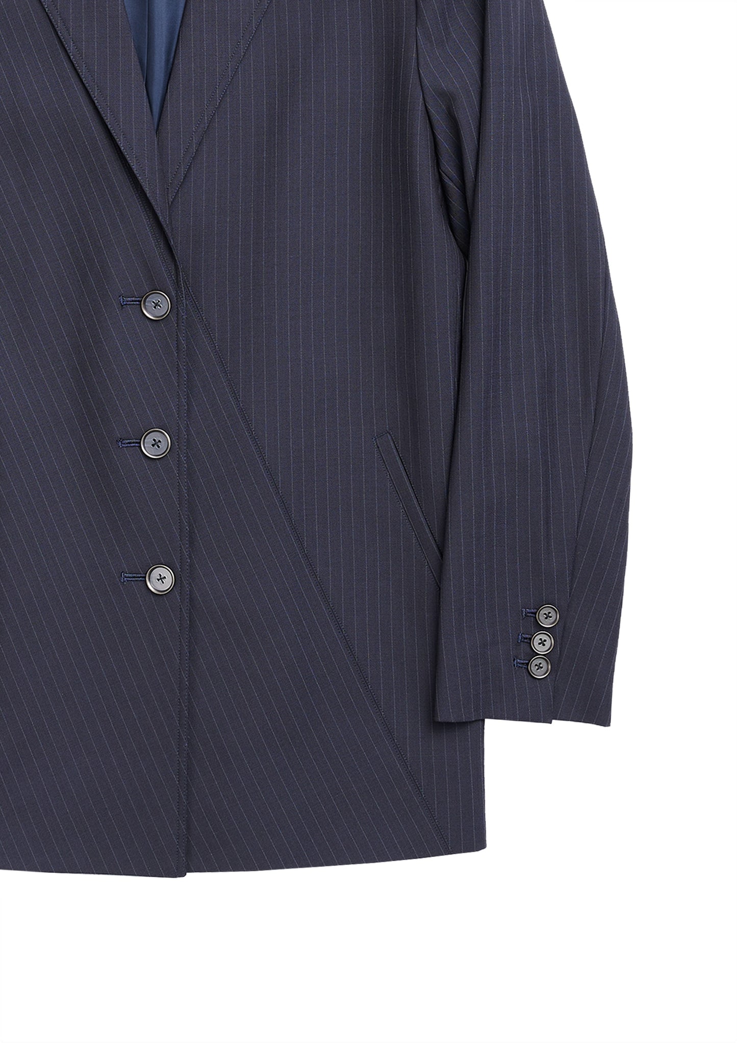 Slash cut blazer in navy striped woolen suiting