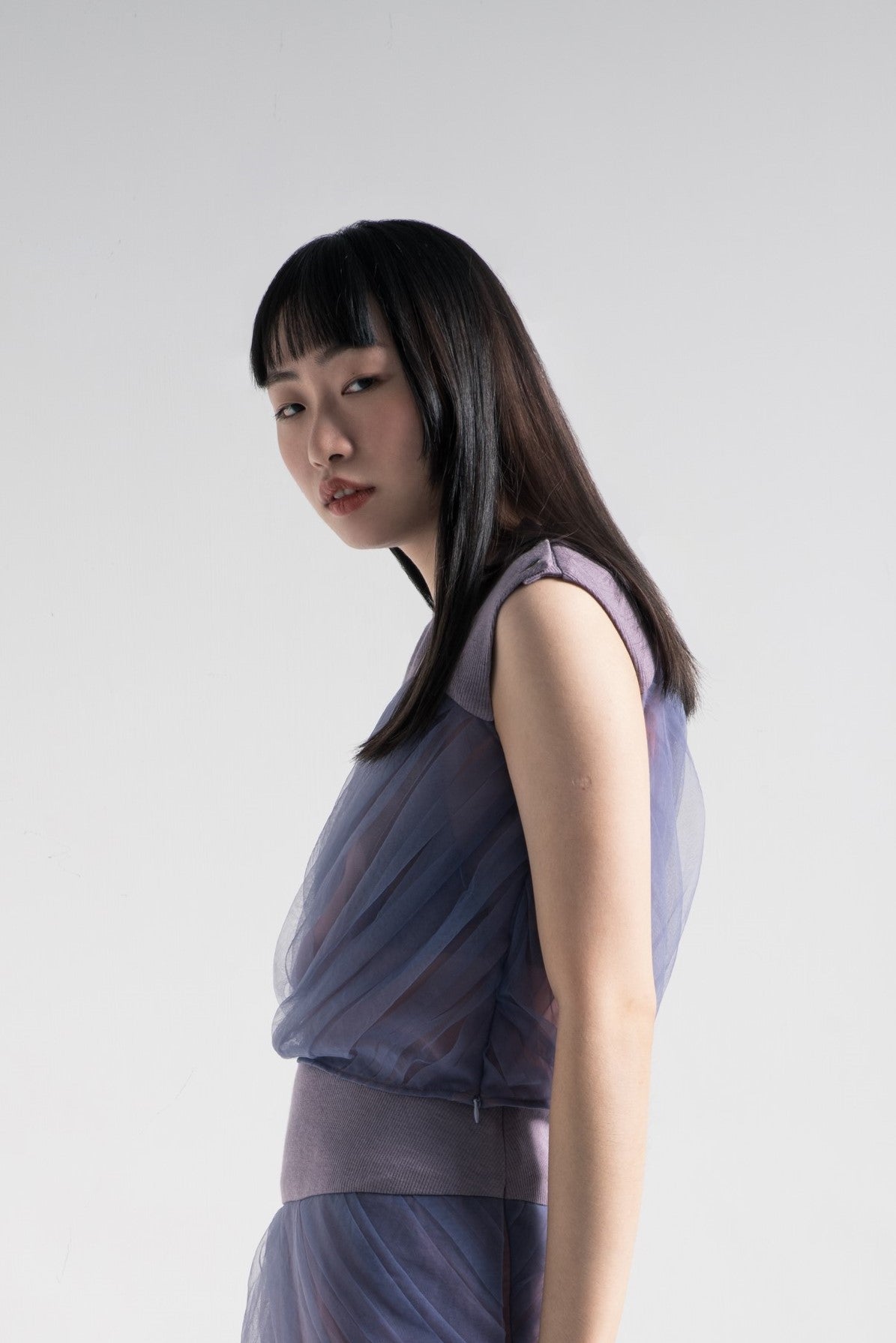Mermaid tulle top with rib collar in night purple mesh