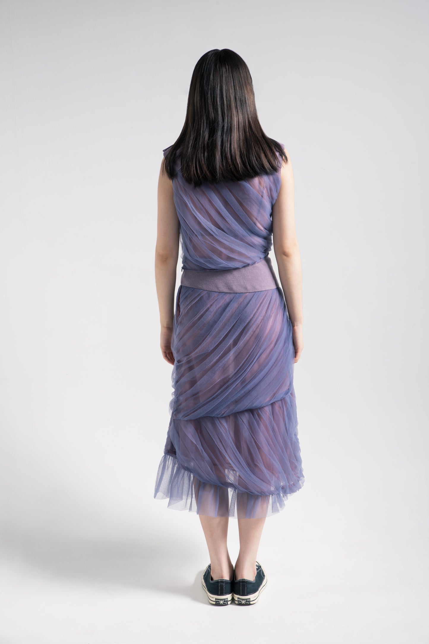 Mermaid tulle top with rib collar in night purple mesh