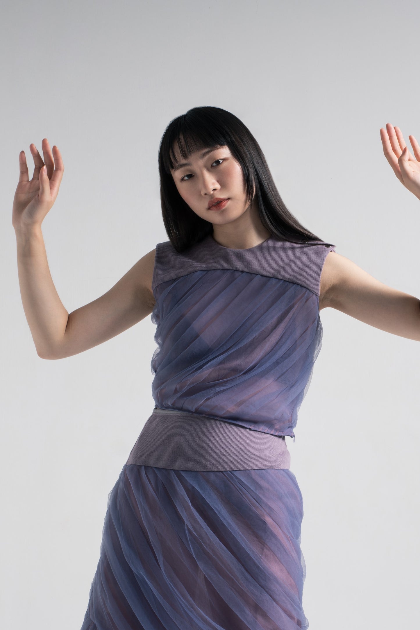 Mermaid tulle top with rib collar in night purple mesh