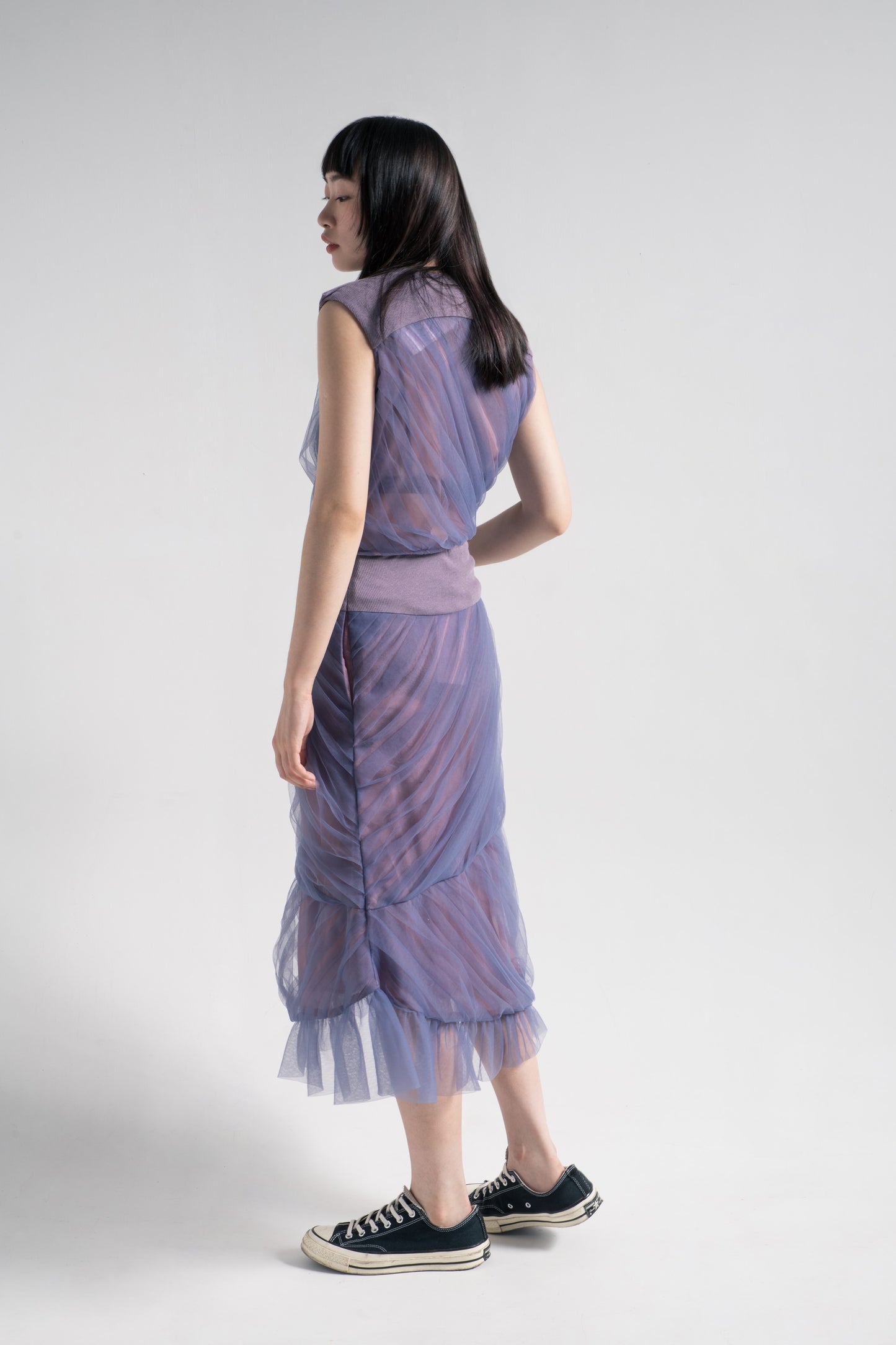 Mermaid tulle top with rib collar in night purple mesh