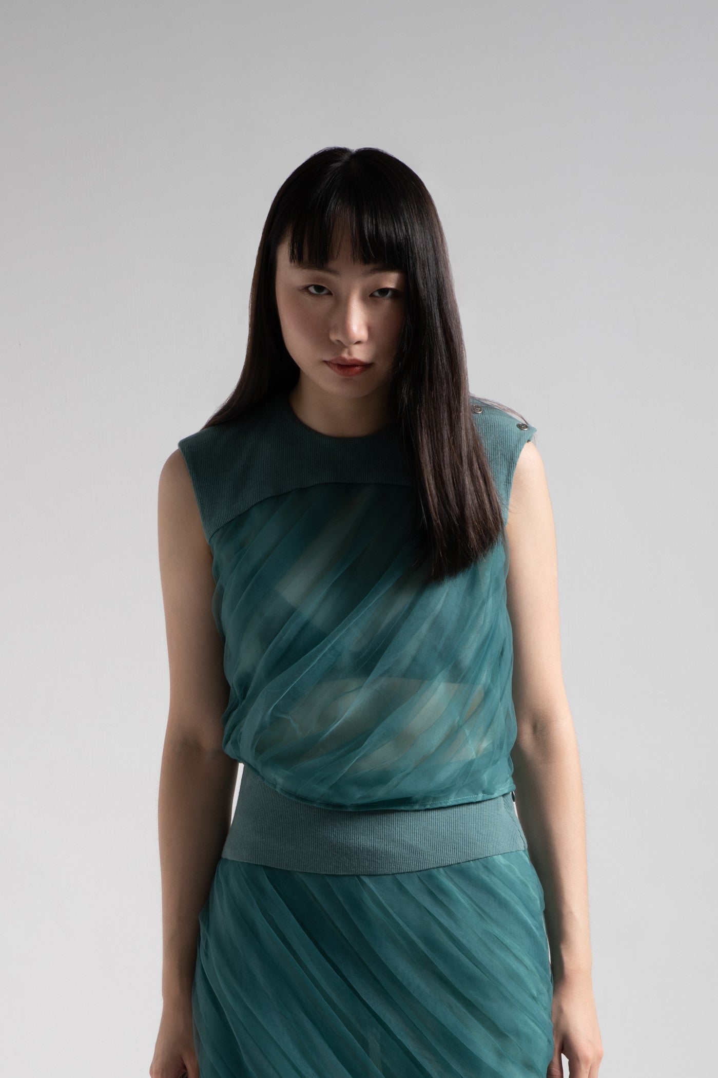 Mermaid tulle top with rib collar in turtle green mesh