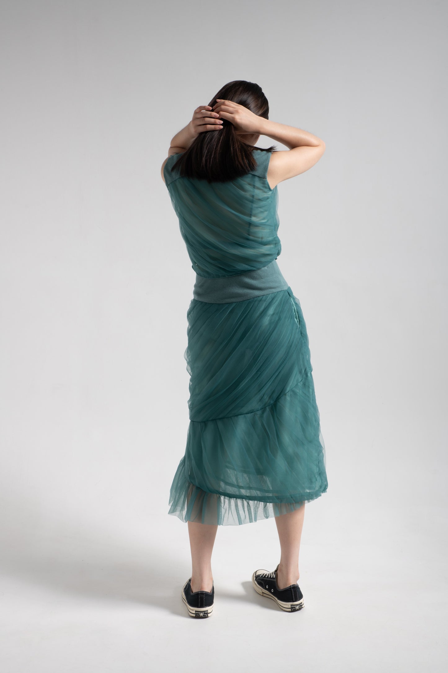 Mermaid tulle pleated skirt in turtle green mesh