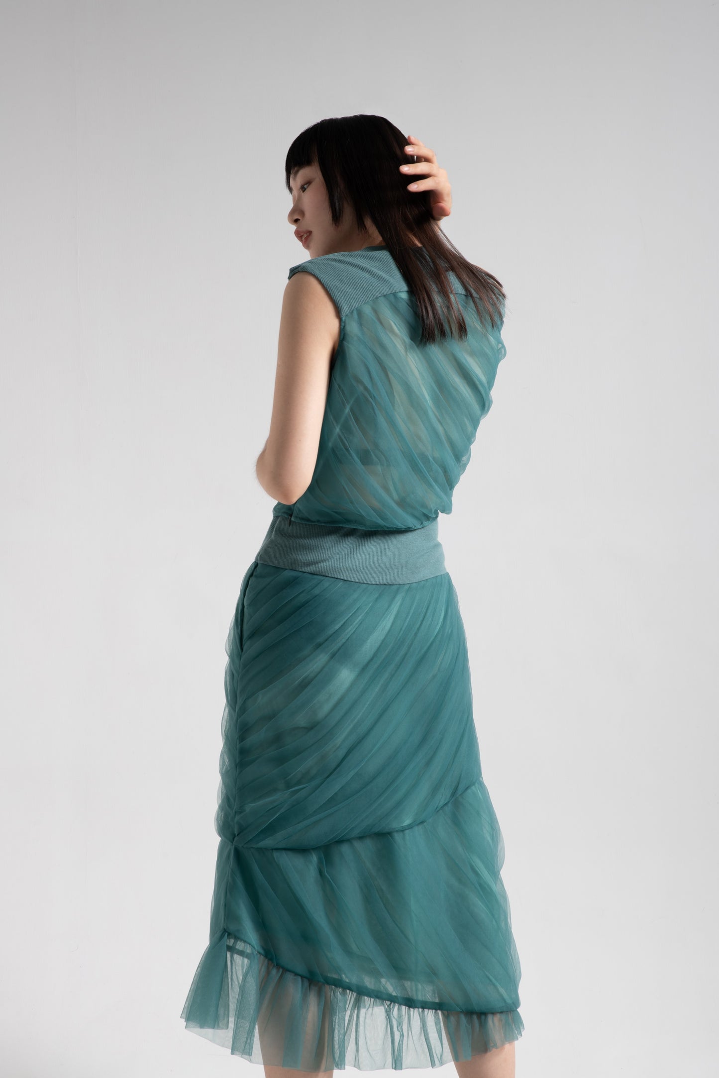 Mermaid tulle pleated skirt in turtle green mesh