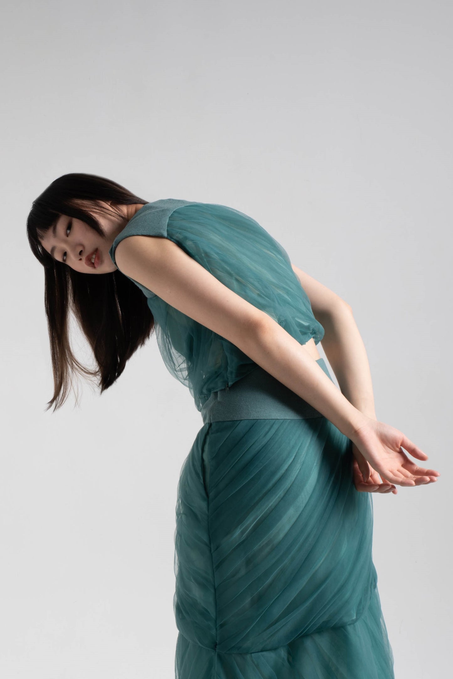 Mermaid tulle top with rib collar in turtle green mesh