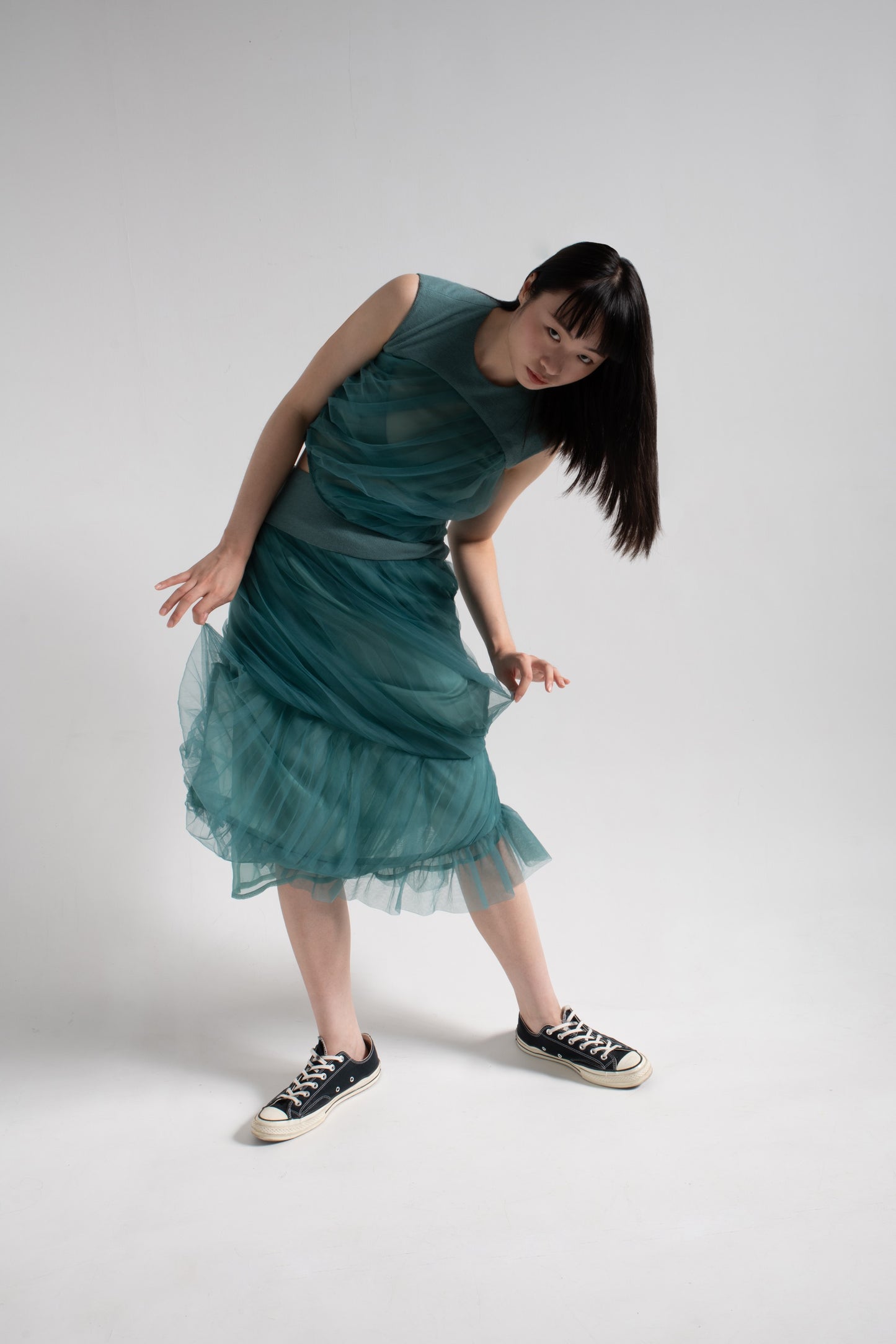 Mermaid tulle pleated skirt in turtle green mesh