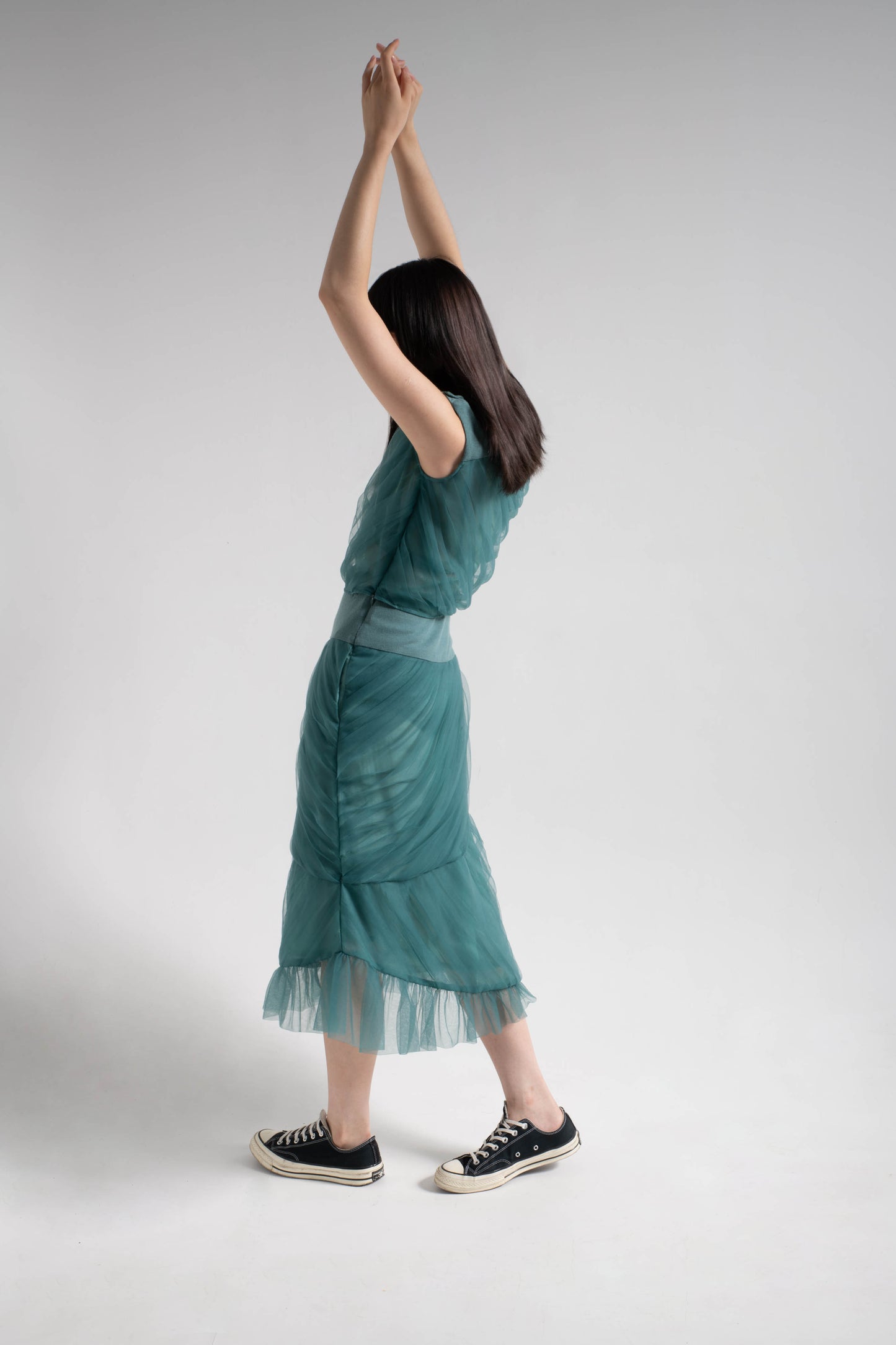 Mermaid tulle top with rib collar in turtle green mesh