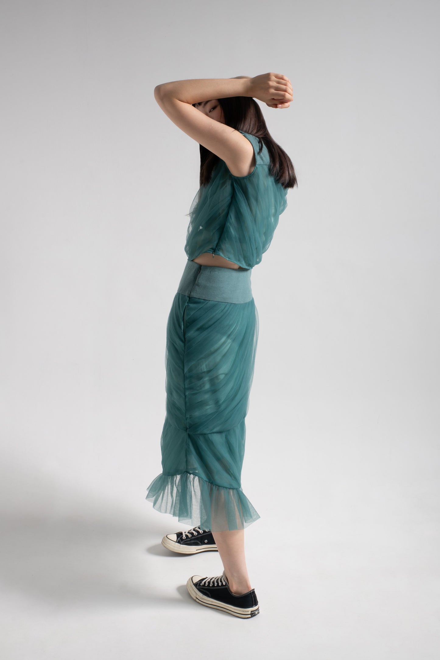 Mermaid tulle pleated skirt in turtle green mesh