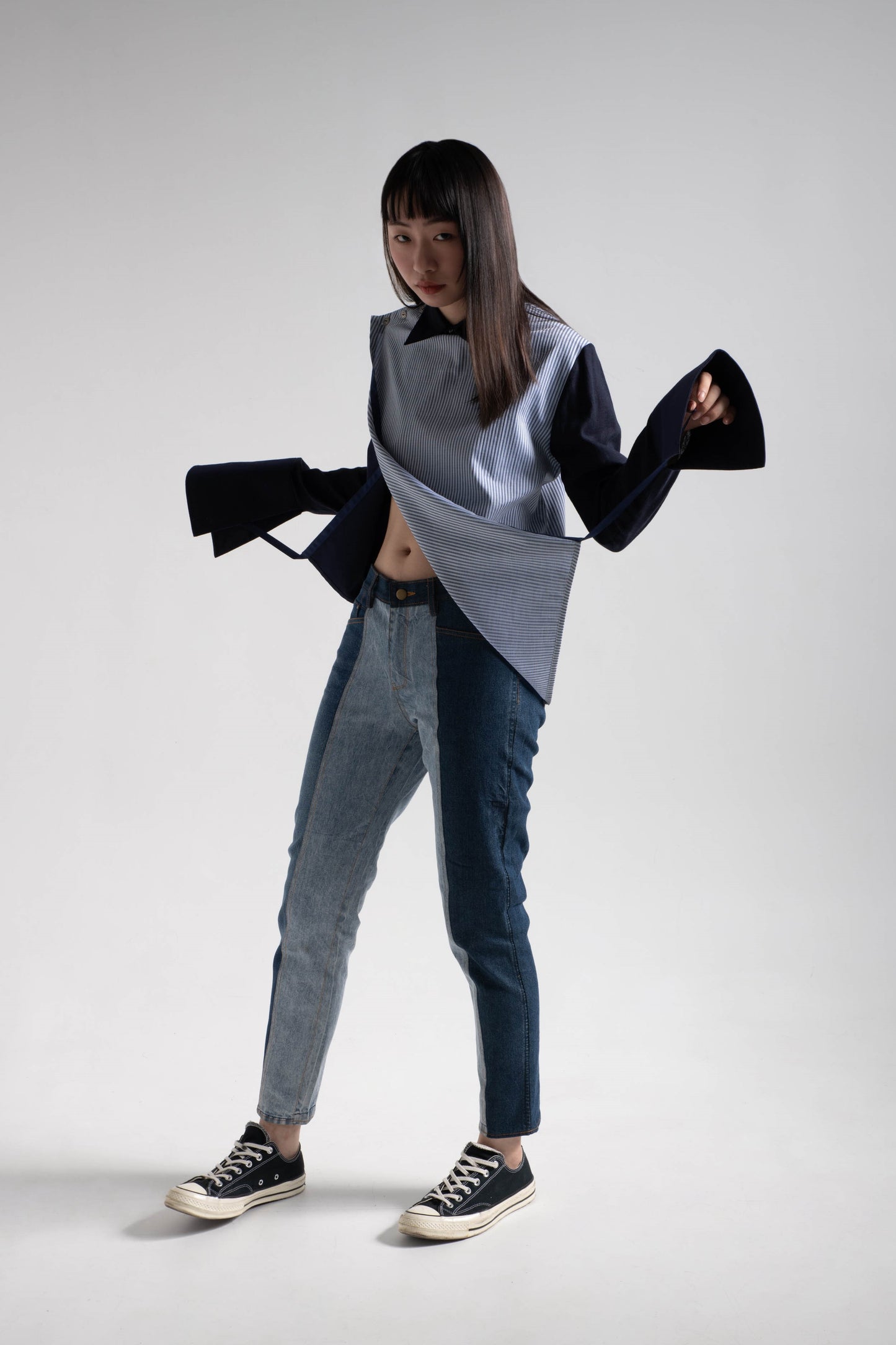 Patched fabric overlap shirt in blue striped shirting and navy cotton rayon