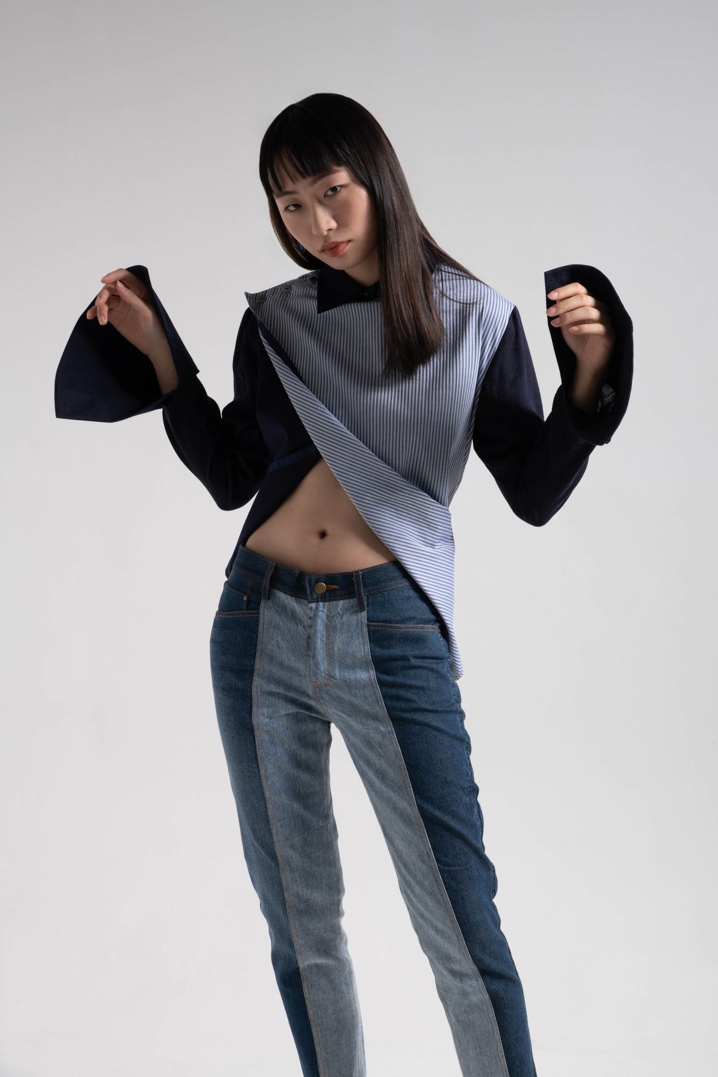 Patched fabric overlap shirt in blue striped shirting and navy cotton rayon