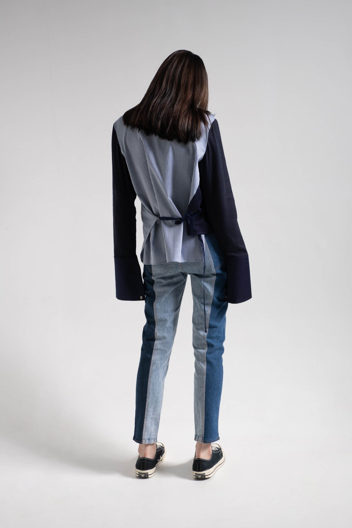 Patched fabric overlap shirt in blue striped shirting and navy cotton rayon