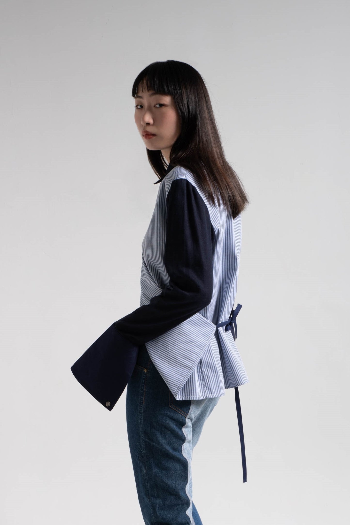 Patched fabric overlap shirt in blue striped shirting and navy cotton rayon