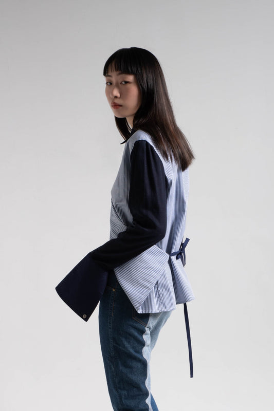 Patched fabric overlap shirt in blue striped shirting and navy cotton rayon