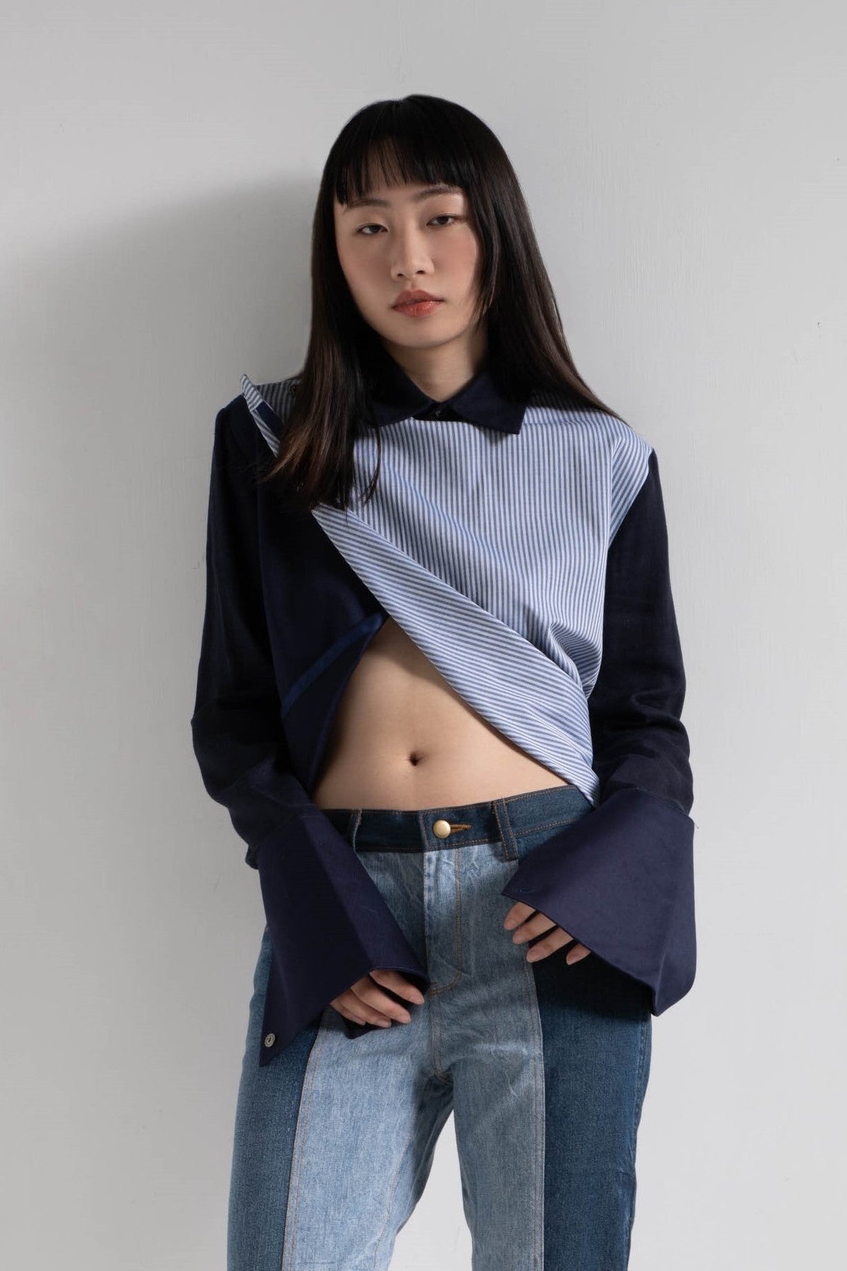 Patched fabric overlap shirt in blue striped shirting and navy cotton rayon
