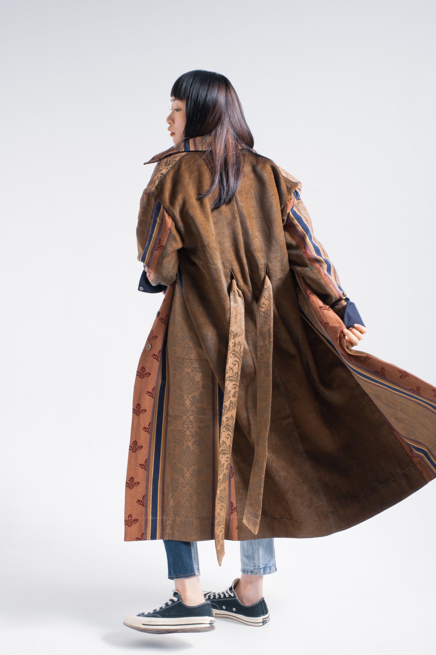 Red jacquard pattern oversize coat in furniture fabric