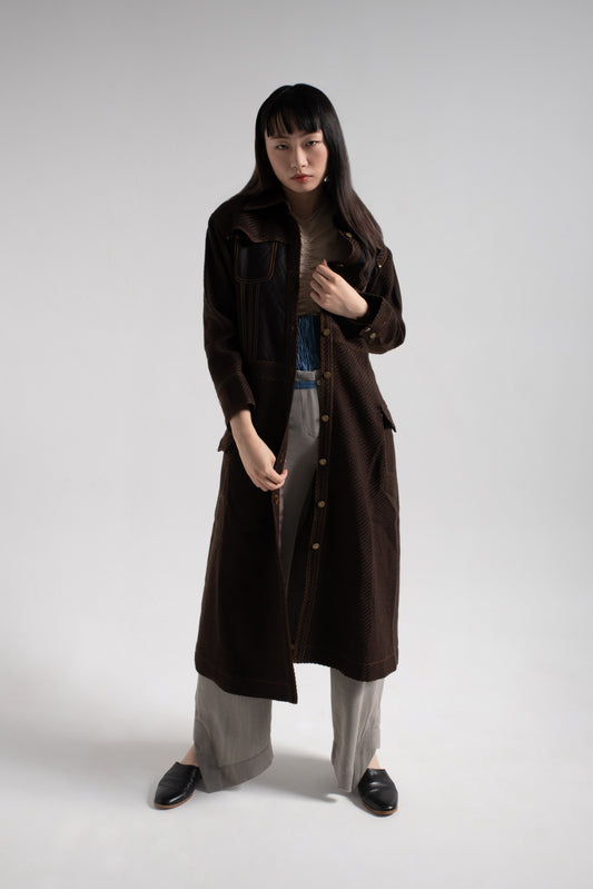 Denim jacket like long coat in brown woolen twill