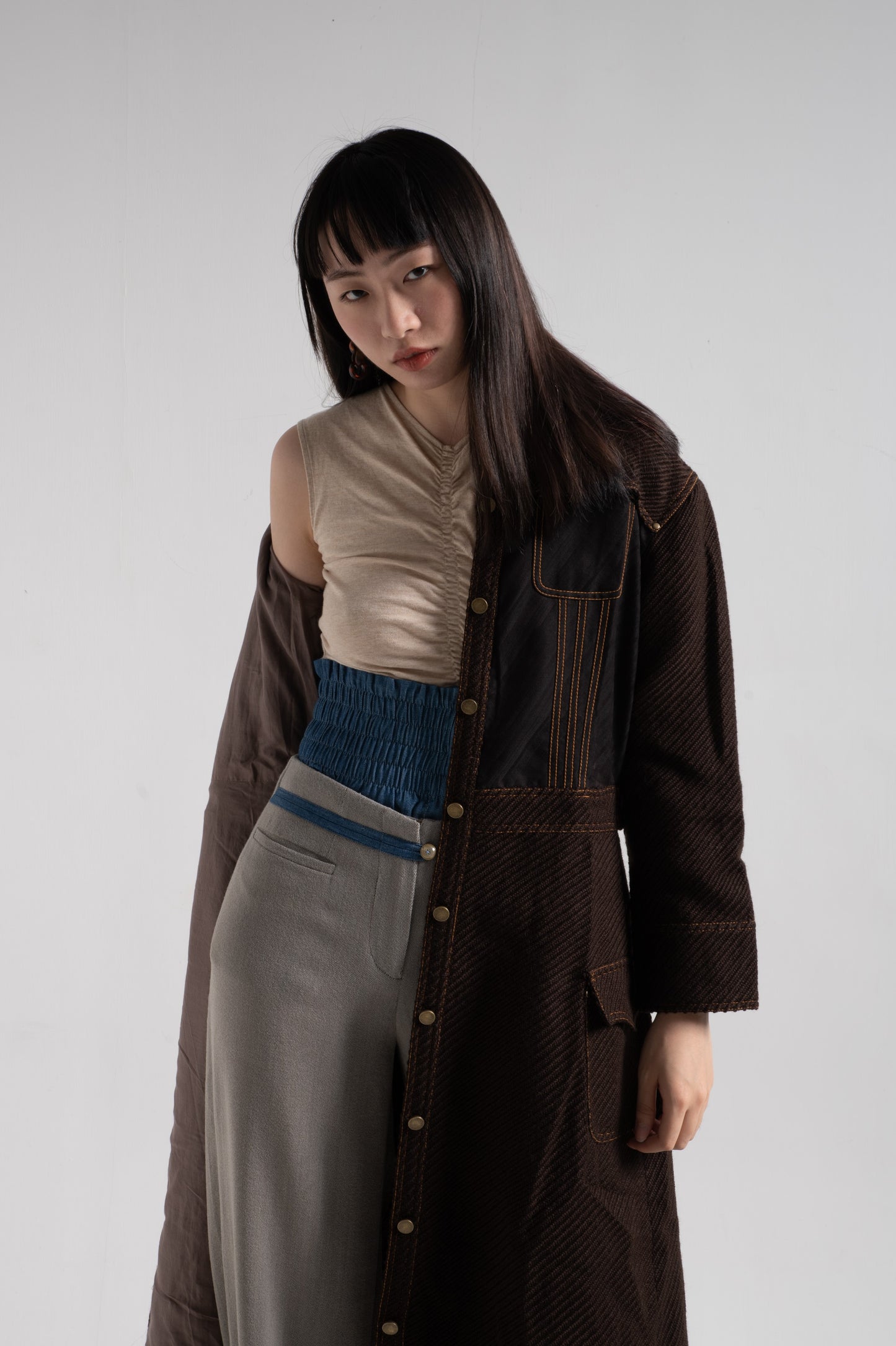 Denim jacket like long coat in brown woolen twill