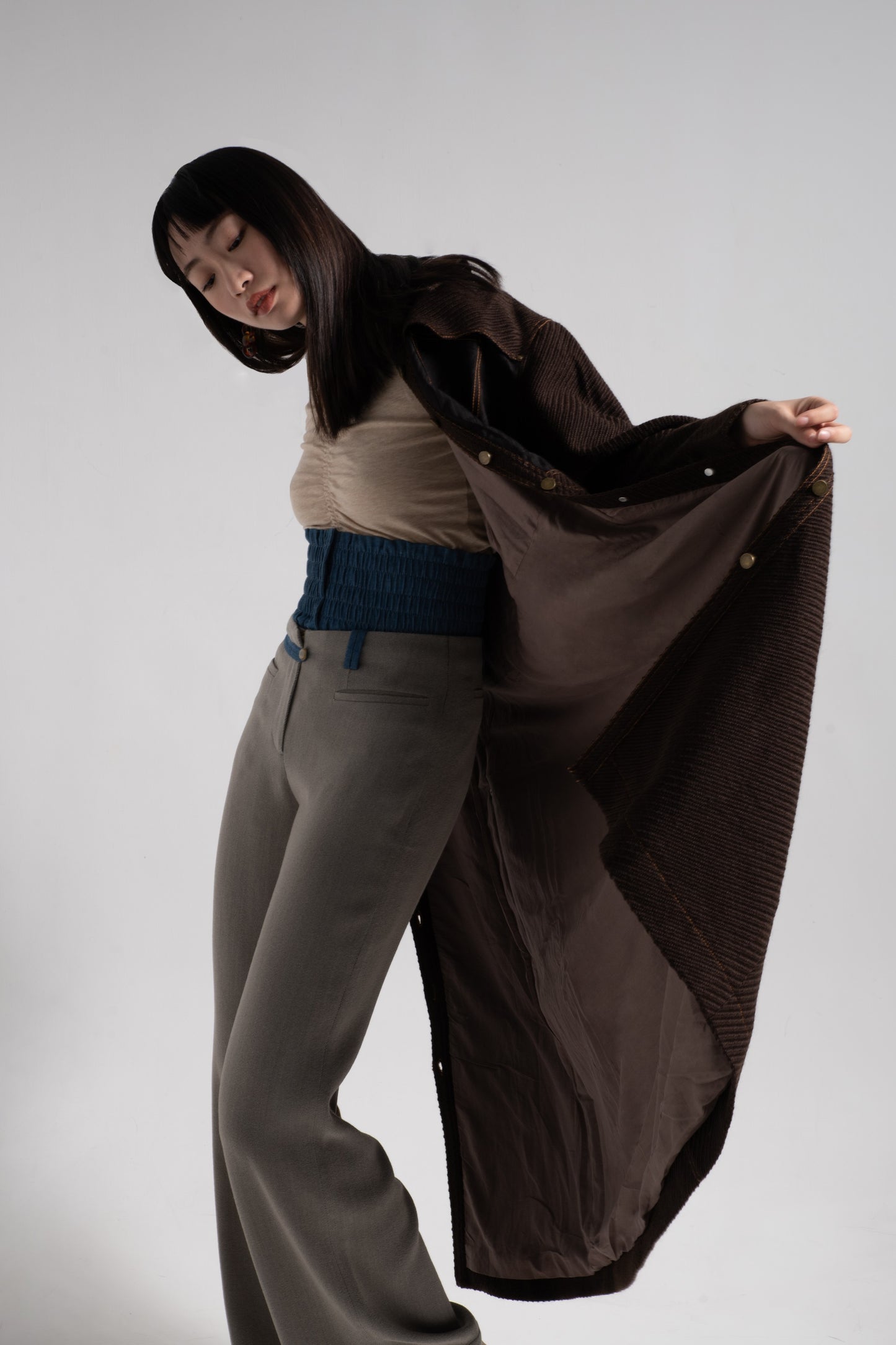 Denim jacket like long coat in brown woolen twill