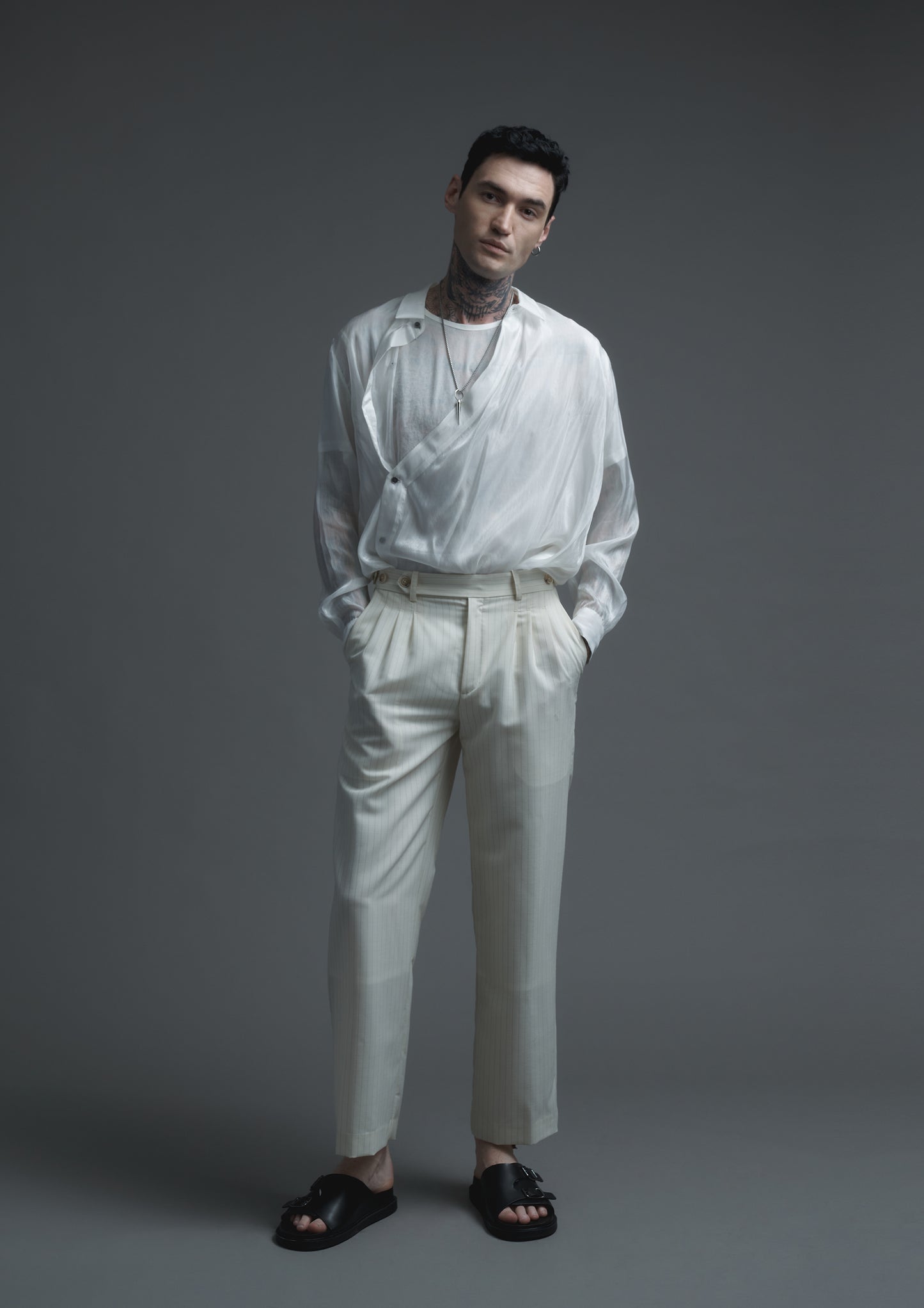 Patient trousers in cream striped woolen suiting