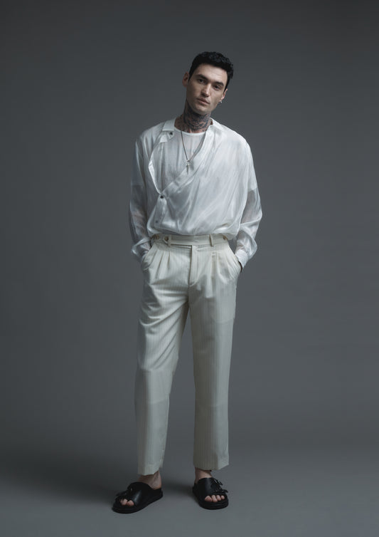 Patient trousers in cream striped woolen suiting