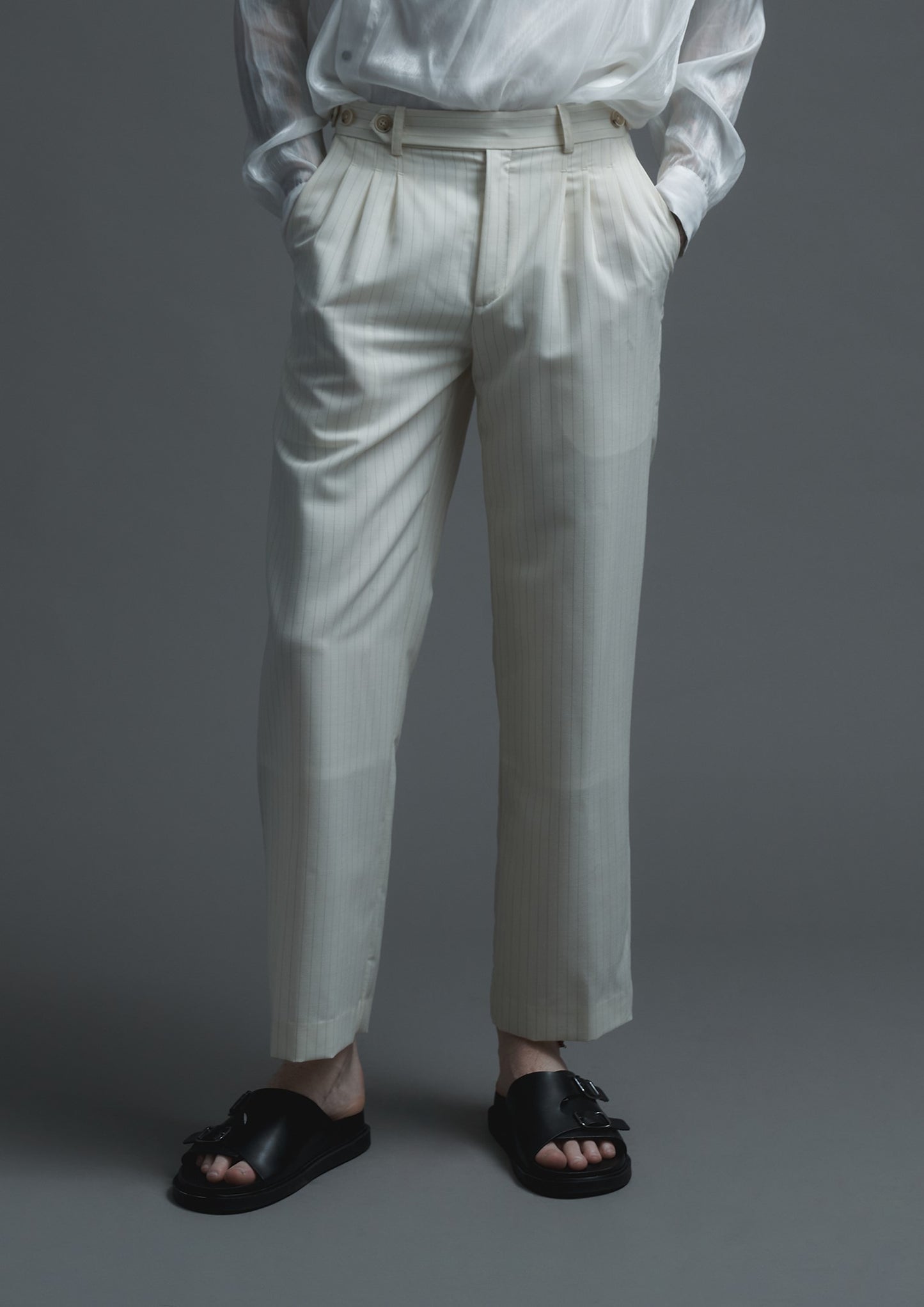 Patient trousers in cream striped woolen suiting