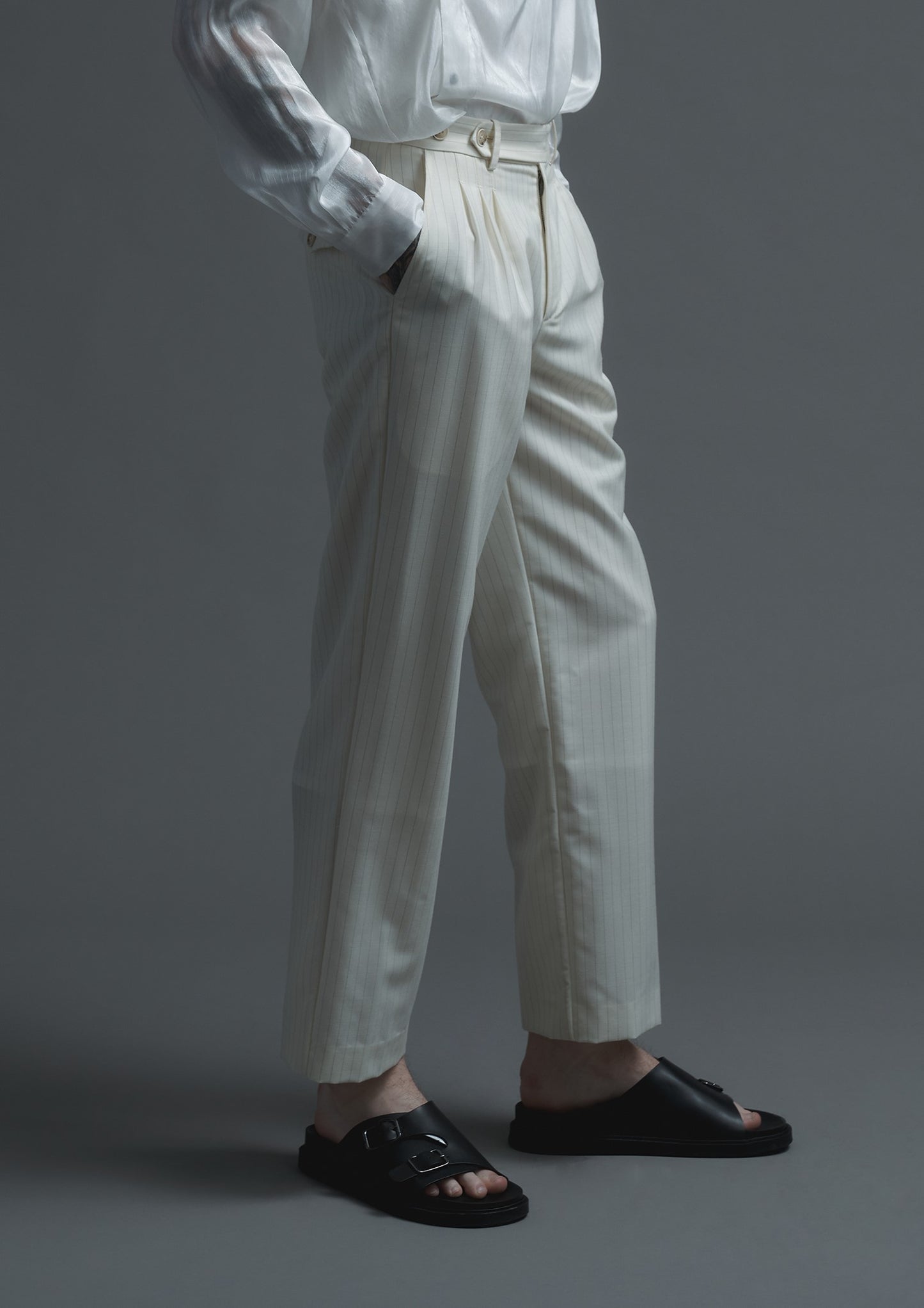 Patient trousers in cream striped woolen suiting