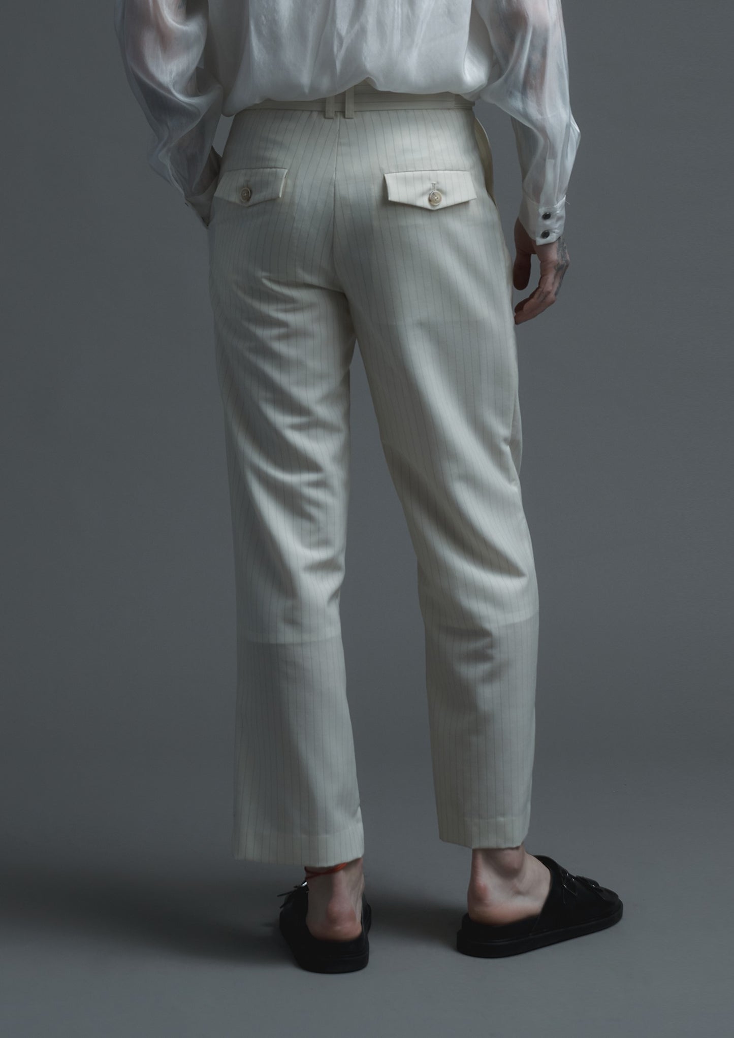 Patient trousers in cream striped woolen suiting