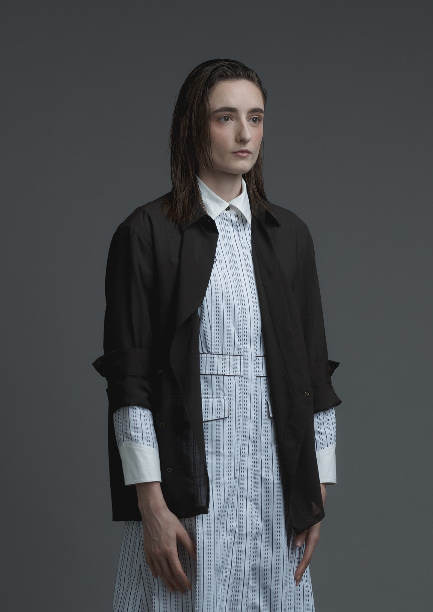 Uniform shirt dress in brown and white striped shirting